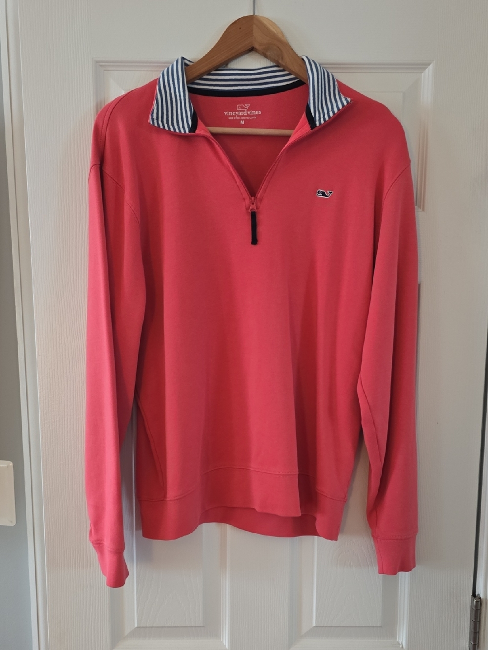 Vineyard Vines Men’s Coral Quarter-Zip with Striped Collar